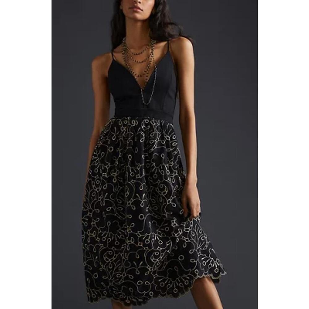 Maeve - eyelet Black and Gold Embroidered Midi Dress, size XS
